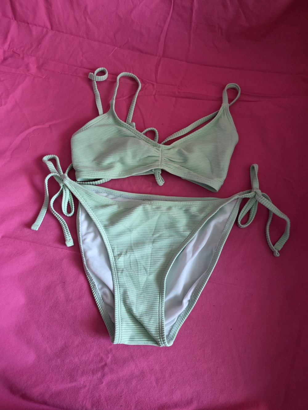 Light Green Ribbed Tie-Side Bikini Set